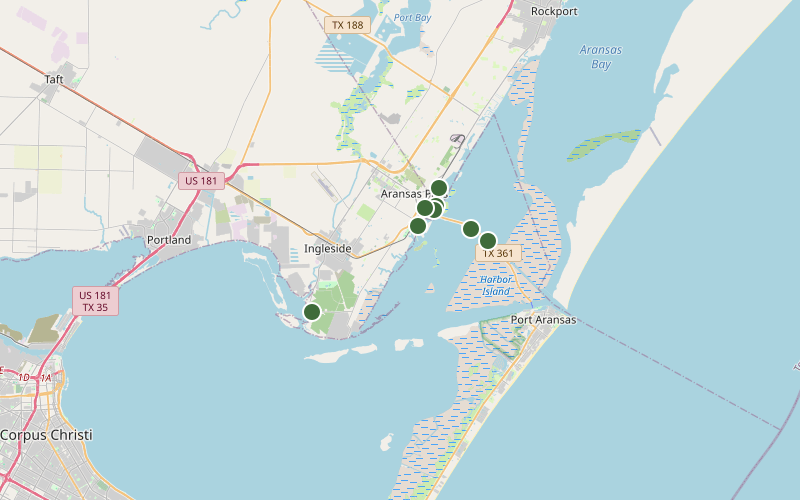 Map of the Aransas Pass and Ingleside bait stops, numbered in driving order off the ferry