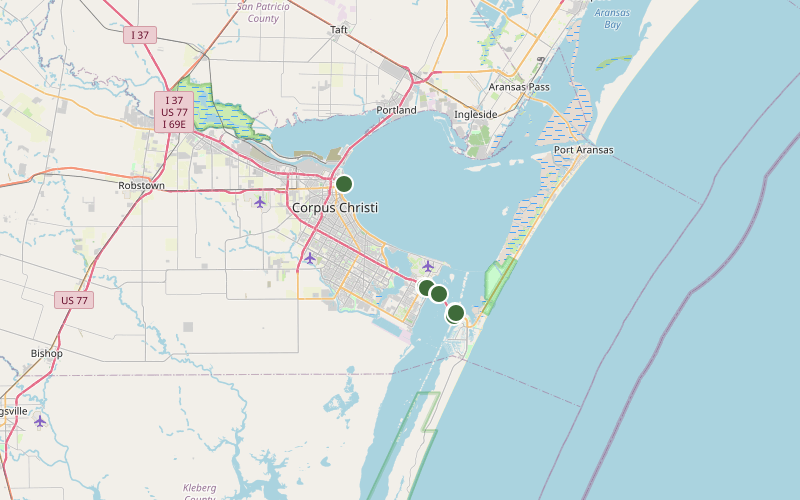 Map of the Corpus Christi coast bait stops, numbered in driving order down SPID and over the JFK Causeway