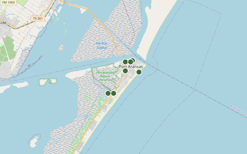 Map of the seven Port Aransas bait stops, numbered in the order you pass them coming off the ferry