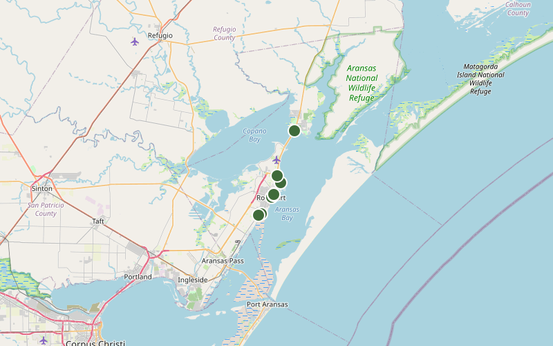 Map of the Rockport bait stops, numbered in driving order up Hwy 35 from Aransas Pass